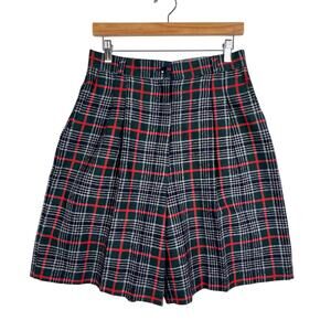 VTG High Waisted Pleated Front Tartan Plaid Green/Red Wide Leg Long Shorts 12